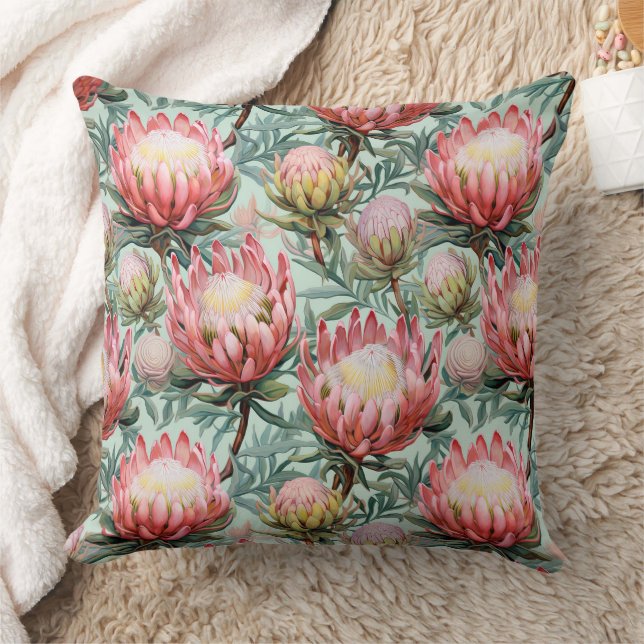Rosa Aqua Protea Flowers Fynbos Tiled Print Design Kudde (Filt)