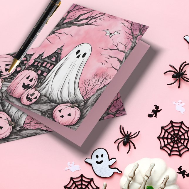 Rosa är New Orange Ghost & Pumpkin Halloween Kort (Cute, funny and best of all, pink!)