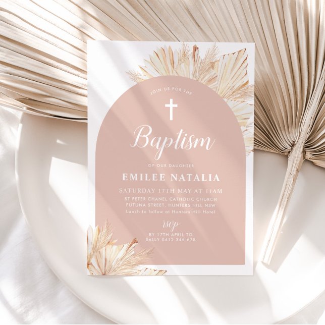 Rosa Arch Boho Blommigt Girls Baptism Christening Inbjudningar (Pink Boho Baptism Invitation)