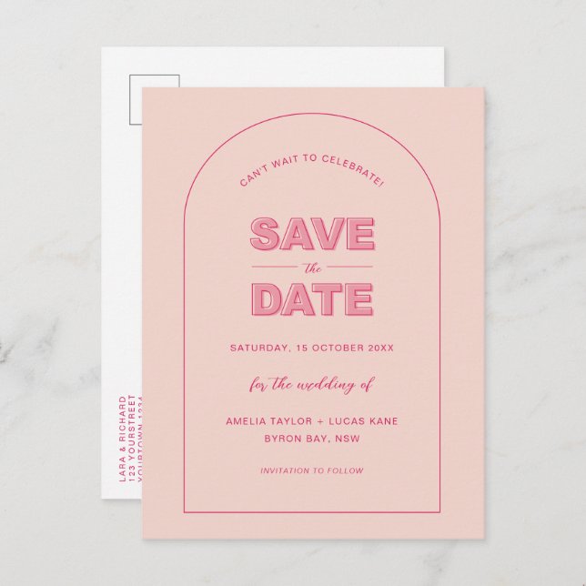 Rosa Arch Modern fetstil Spara datum Vykort (Fram/baksida)