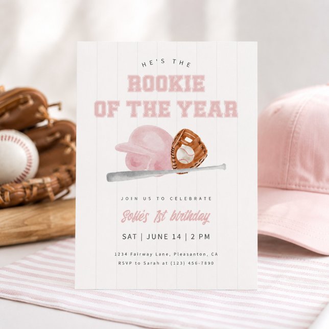 Rosa Årets Rookie Baseboll Första Födelsedag Inbjudningar (Skapare uppladdad)