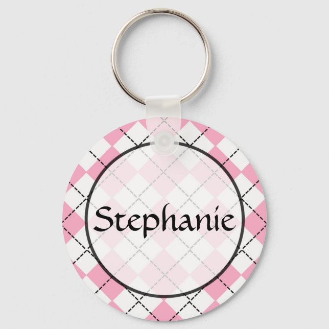Rosa Argyle Anpassade Namn Button Keychain Nyckelring (Framsida)