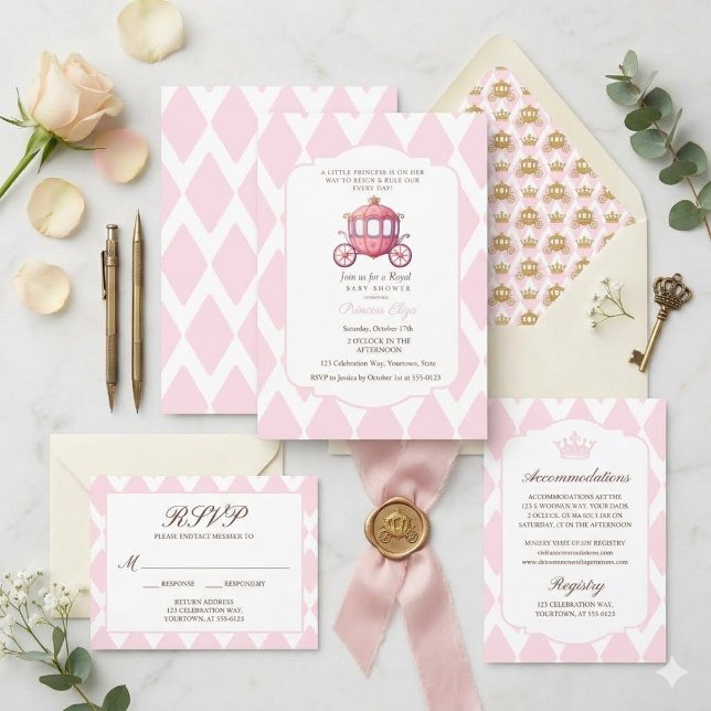 Rosa Argyle Prinsessa Vagn Baby Shower Inbjudningar (Skapare uppladdad)