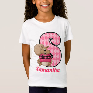 Rosa Argyle Squirrel Monogram Brev S med Namn Tee