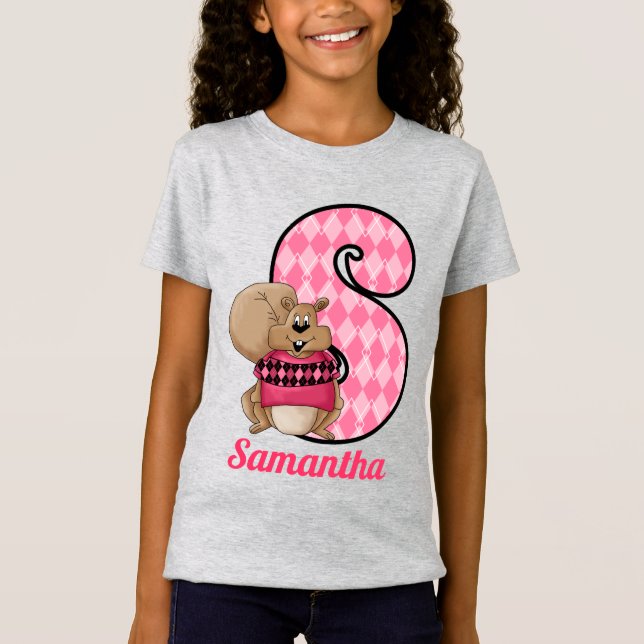 Rosa Argyle Squirrel Monogram Brev S med Namn Tee (Framsida)