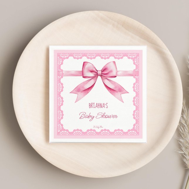Rosa-armbågsformat snöre-format för babyduschutskr pappersservett (Pink bow retro lace baby shower printed template napkins personalized tableware coquette ribbon )