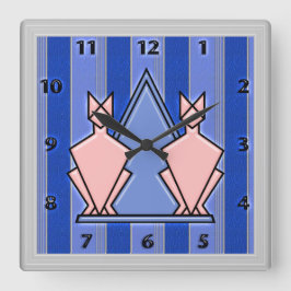 Rosa Art Deco-katter på blåstrimlad bakgrund Fyrkantig Klocka