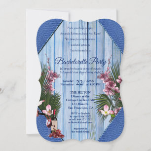 Rosa Arty Flowers Blue-wood Struktur Bachelorette Inbjudningar