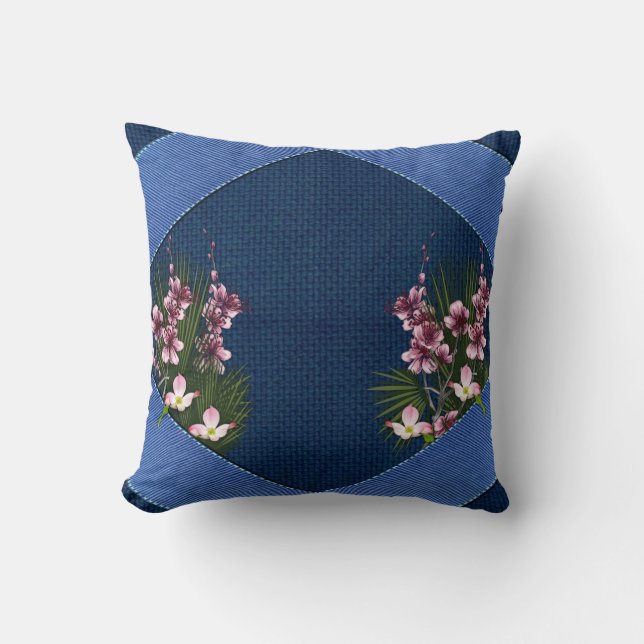 Rosa Arty Flowers on Navy Blue-Fabric struktur Kudde (Framsida)
