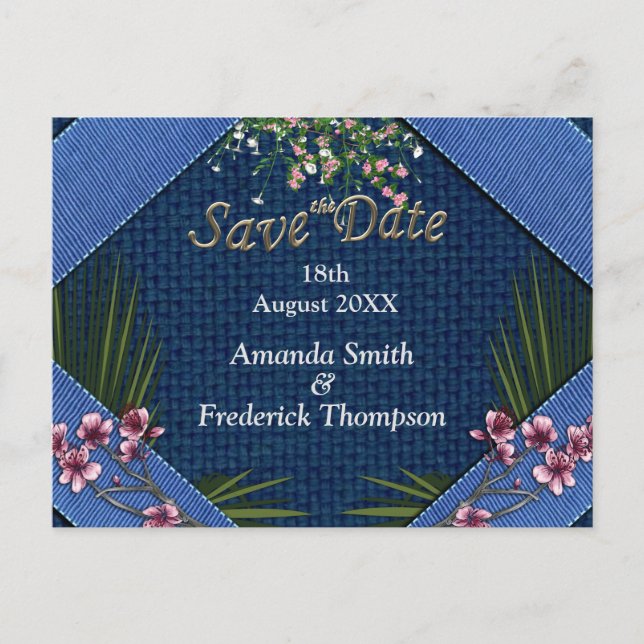 Rosa Arty Flowers på Blue-tyg struktur Meddelande Vykort (Framsida)