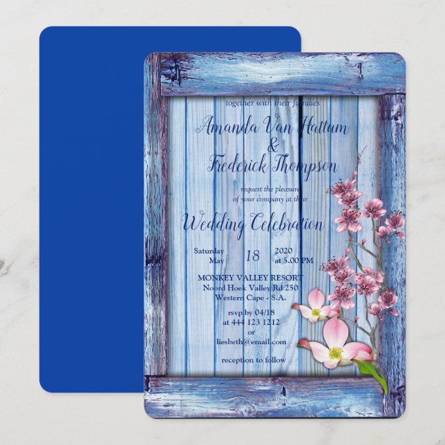 Rosa Arty Flowers på Blue-wood struktur Inbjudningar (Fram/baksida)