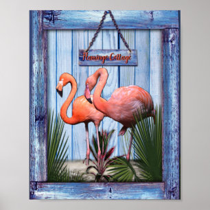 Rosa Arty Flowers på Blue-wood struktur Poster