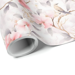Rosa asiatiskt blomsterfågelmotiv presentpapper