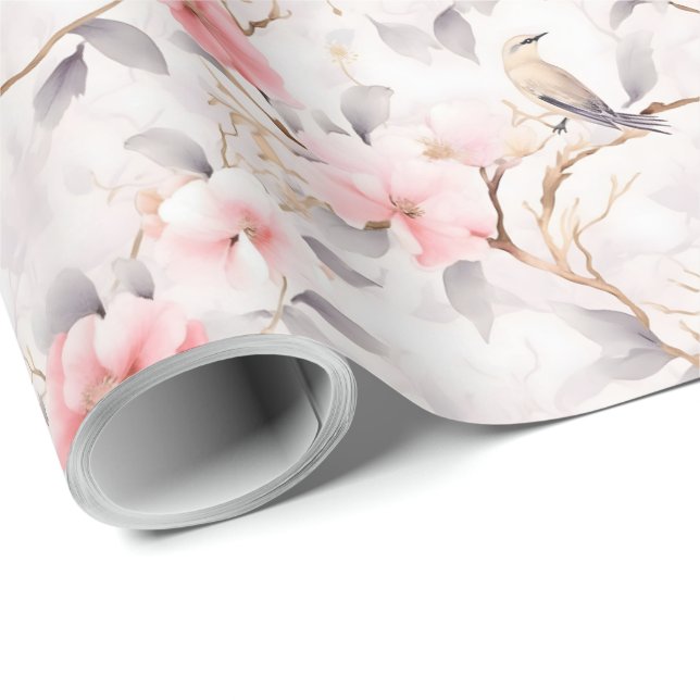 Rosa asiatiskt blomsterfågelmotiv presentpapper (Rullad Hörn)