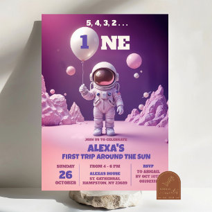 Rosa Astronaut Outerspace First Birthday Girl Inbjudningar