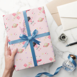 Rosa Astronaut Space Birthday-inbjudan Presentpapper