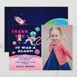Rosa Astronaut Yttre Rymden Födelsedagsfoto Tack Kort
