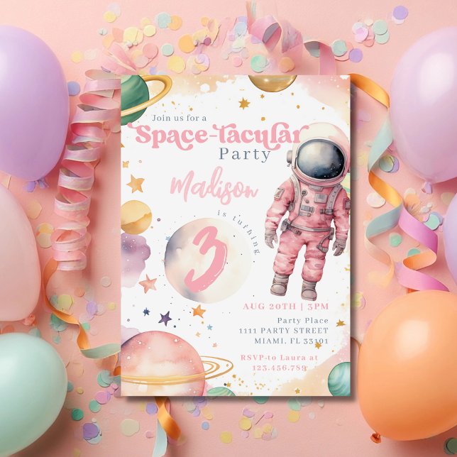 Rosa Astronautflicka Yttre Rymden Födelsedag Inbjudningar (Skapare uppladdad)