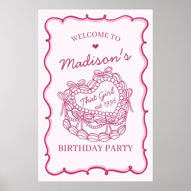Rosa att tjejen Coquette Cake Birthday Välkommen Poster (Framsidan)
