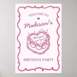 Rosa att tjejen Heart Cherry Cake Birday Välkomna Poster
