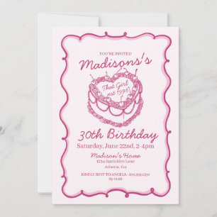 Rosa att tjejen Heart Coquette Cherry Cake Birthda Inbjudningar