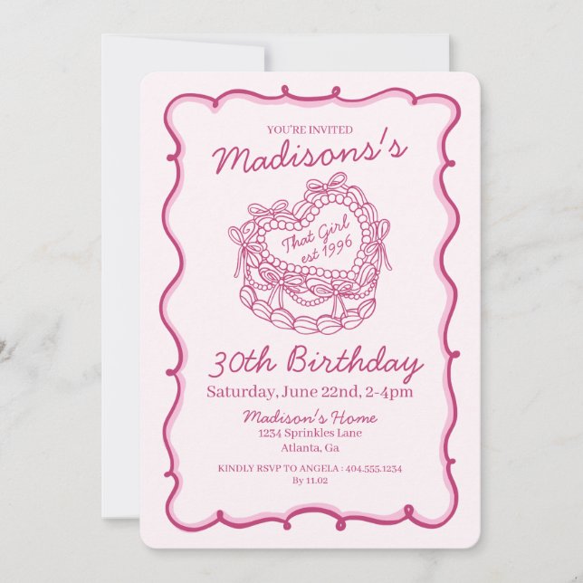 Rosa att tjejen Retro Heart Coquette Cake Birthday Inbjudningar (Framsida)