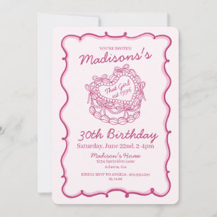 Rosa att tjejen Retro Heart Coquette Cake Birthday Inbjudningar