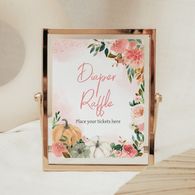 Rosa Autumn Fall Blommigt Pumpkin Diaper Raffle Poster (Autumn Floral Pumpkin Baby Shower Diaper Raffle Sign)