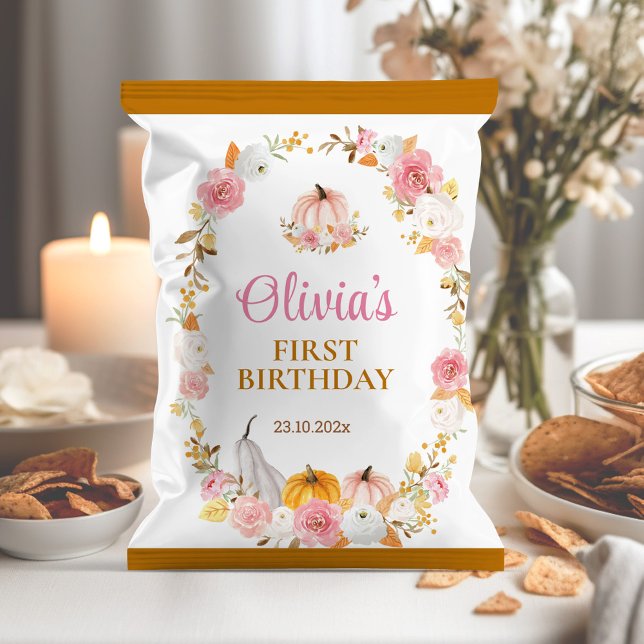 Rosa Autumn Pumpkin 1:a födelsedag Chip-slagare Reklamblad (Skapare uppladdad)