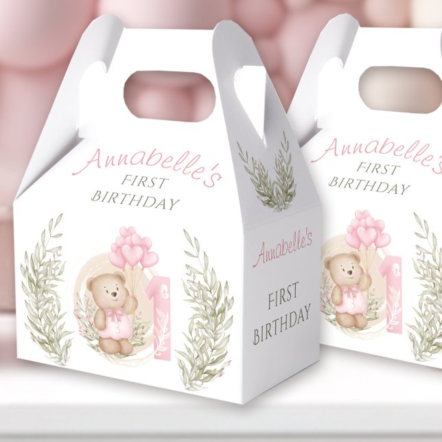 Rosa av akut Nalle Hjärtballonger första födelseda Presentaskar (First Birthday Cute Teddy Bear Heart Balloons Pink Favor Boxes)