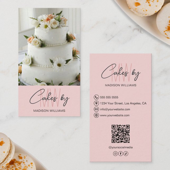 Rosa av Anpassningsbar för Logotyp av bakverk Visitkort (Bakery Cake Custom Monogram Logo Pink Business Card)