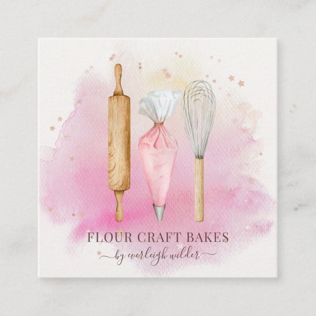 Rosa av bakverk Chef Baker Baking Utensils Fyrkantigt Visitkort (Framsida)