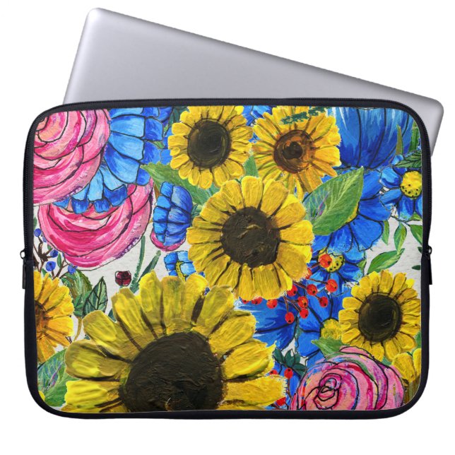 Rosa av blå Gult, sömlös Blommigt Laptop Fodral (Framsidan)
