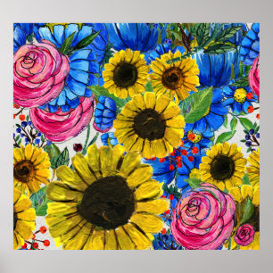 Rosa av blå Gult, sömlös Blommigt Poster