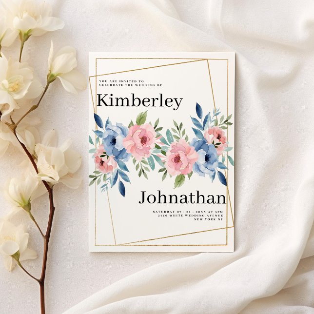 Rosa av blått mint-blommor i guld Bröllop Inbjudningar (Geometric gold pink navy blue mint flowers Wedding)