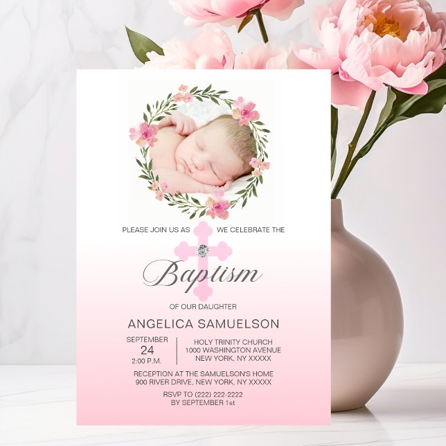 Rosa AV blommigt BAPTISM GIRL | FOTO Inbjudningar (Floral Wreath Pink BAPTISM GIRL  PHOTO Invitation)