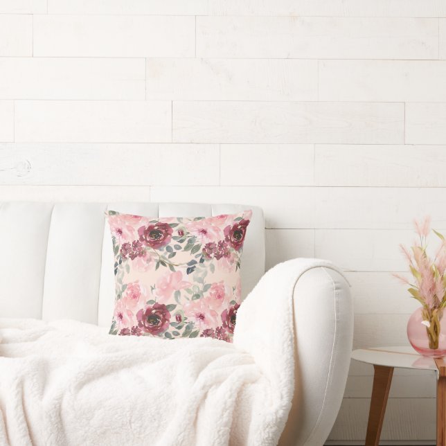 Rosa av Blommigt för vattenfärgsSöt och Burgundy Kudde (Soffa)