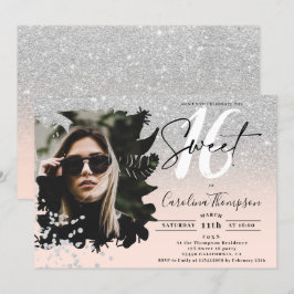 rosa av blommigt i Silver glitter Sweet 16 Inbjudningar