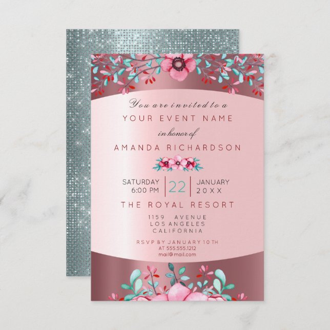 Rosa av Blommigten Aqua Ro Sparkly, 16:e Möhippan Inbjudningar (Fram/baksida)