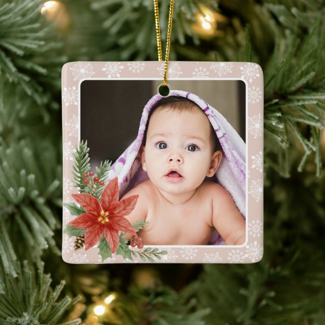 Rosa av Blommigten Photo Gift första julen i Snöfl Julgransprydnad Keramik (Träd)