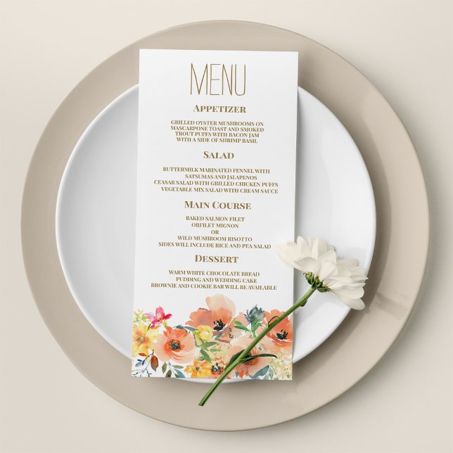 Rosa av botanisk orange gult  blommigt Bröllop Men Program (Botanic orange yellow pink floral Wedding Menu )