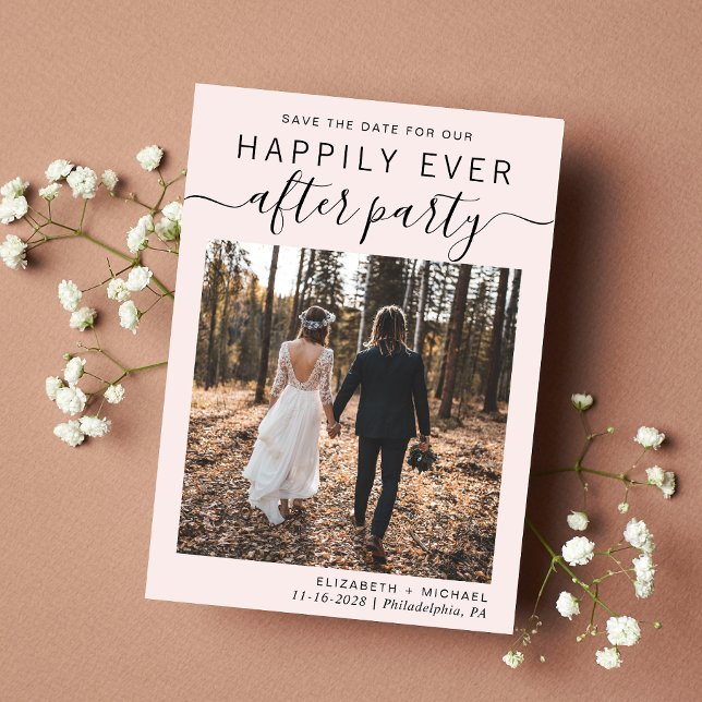 Rosa av bröllopsmottagning Foto Spara Datumet (A stylish save the date announcement for a reception to celebrate your elopement or private wedding)