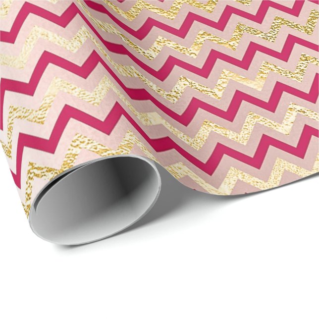 Rosa av Chevron Zig Zag Guld Metallic Bright Candy Presentpapper (Rullad Hörn)
