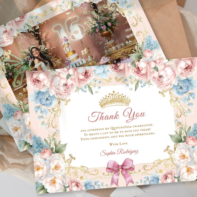 Rosa av Classy Blommigt Quinceanera Photo Tack Car Meddelande (Classy Floral Pink Quinceanera Photo ThankYou Card)