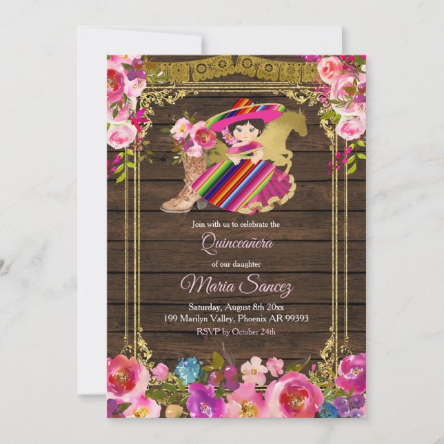 Rosa av Colorful Wood Charro Blommigt Quinceañera Inbjudningar (Framsida)