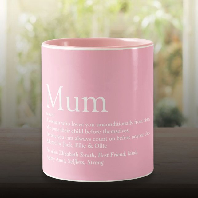 Rosa av definitionsoffert för Roligt i morsa Mamma Två-Tonad Mugg (Mum Mom Definition Quote Fun Pink Two-Tone Coffee Mug)