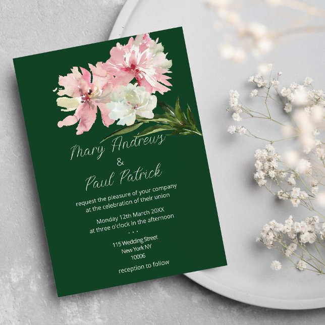 Rosa av den vita blommigten grönt  Bröllop Inbjudningar (Forest green pink white floral peony Wedding )