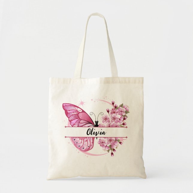 Rosa av eget namn - Butterfly & Blommigt Design -  Tygkasse (Framsidan)