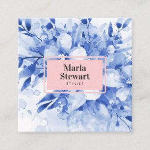 rosa av elegant för vattenfärgsblått chic blommigt fyrkantigt visitkort