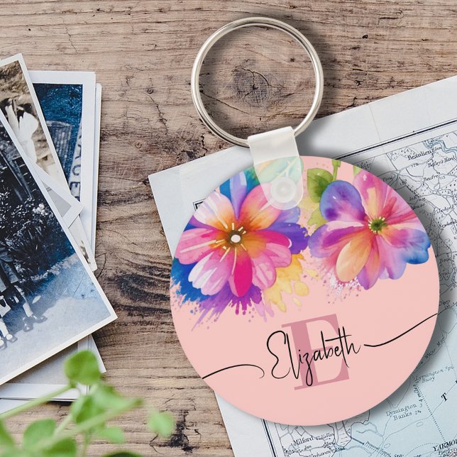 rosa av elegantens färgstarka vattenfärgsfärg blom nyckelring (Skapare uppladdad)